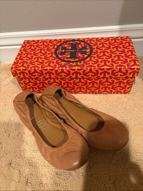 Tory Burch Cognac Leather Elastic Ballet Flats